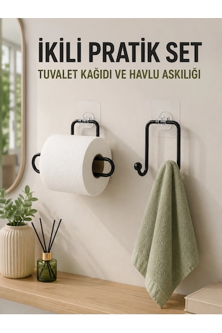 Duvara Yapışkanlı 2 Li Düzenleme Seti Havlu Askısı Ve Tuvalet Kağıdı Tutucu Çok Renkli