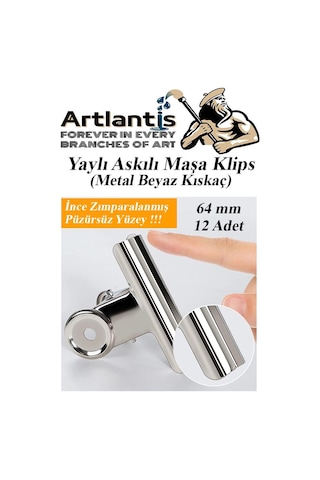 Artlantis Yaylı Askılı Maşa Klips 64 MM 12 Adet Metal Beyaz Kıskaç