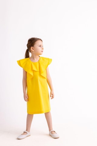 Oliventhekid Volanlı Poplin Kolsuz Ensesi Düğmeli Kız Çocuk Elbise Sarı Sarı