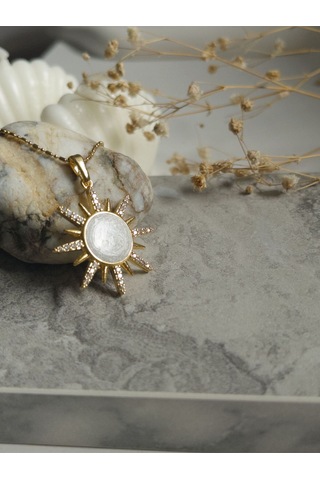 Handmade Pirinç Üzeri Altın Kaplama Güneş Şeklinde Beyaz Kadın Kolye Sevgiliye Hediye
