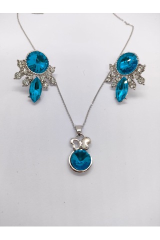 Sapphire Store Gümüş Renk Mavi Taşlı Kolye Küpe Seti Gümüş