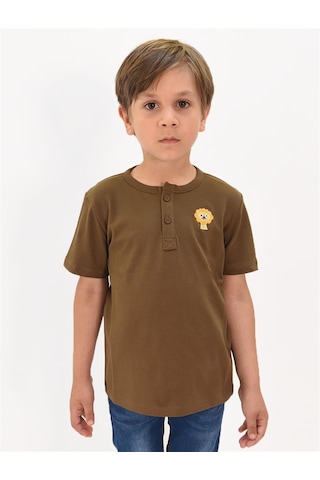 Luess Erkek Çocuk Nakış Detaylı Hakim Yaka Tshirt Kahverengi