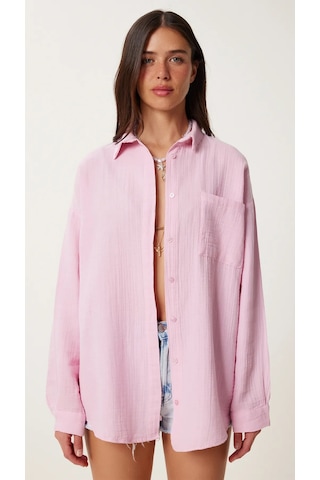 Kadın Oversize Basic Cepli Müslin Gömlek Pembe