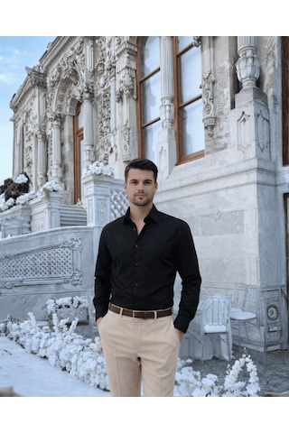 Bys Beystil Slim Fit Siyah Saten Gömlek SİYAH Bys Beystil Slim Fit Siyah Saten Gömlek SİYAH