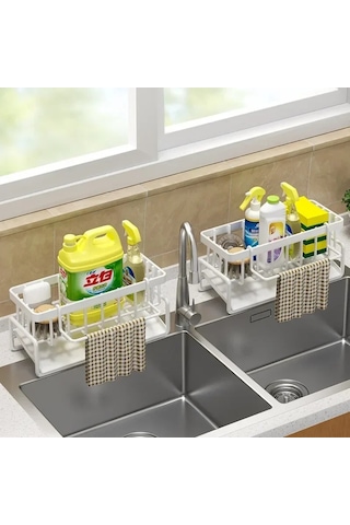 Çok Fonksiyonlu Sünger Raf Süzgeç Mutfak Rafı Lavabo Bez Bulaşık Beyaz