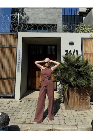 Kadın Keten Asimetrik Tek Omuzlu Bluz Pantalon Takım- Bordo Bordo