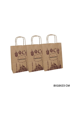 Ramazan Hediyelik Paketleme Çantası, 3lü Paket, Cami Temalı Kraft Kağıt Çanta Seti, 8x18x23 Cm