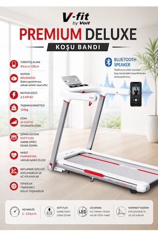 Vfit By Premium Delux Koşu Bandı, 20 Kademe Eğim, Brushless, Katlanabilir, 15 Km/s, Bluetooth-beyaz