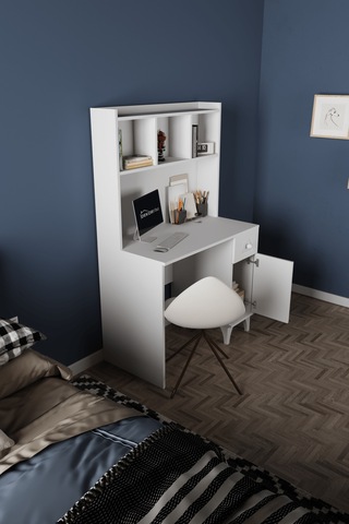 Df09105 Çekmeceli Kapaklı Kitaplıklı Çalışma Masası Bilgisayar Masası Beyaz