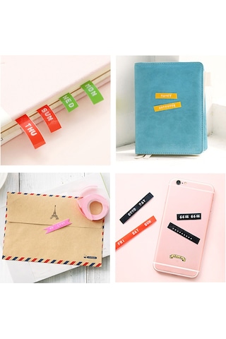 Tenfowee Pembe Mini Etiket Yazıcı - 9mm Genişliğinde 2 Adet Band Siyah + Rastgele Renk - Plastik Yapı - El Defteri Dekorasyonu İçin