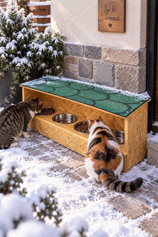 Reyo Narım Kurulu Gönderim 4 Bölmeli Ahşap Büyük Boy Kedi Mama Ve Su Kabı Seti 90x36 Cm Su Yalıtımlı Çatılı, Çelik Kaseli Lüks Kedi Mamalığı