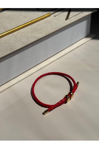 Kırmızı Deri Görünümlü Çift Dolamalı Çelik Detaylı Bileklik Unisex Tasarım Kırmızı