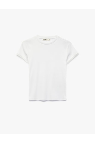 Koton Ribanalı Pamuklu Slim Fit Bisiklet Yaka Kısa Kollu Dantel Detaylı Tişört Beyaz 6sak50506ek