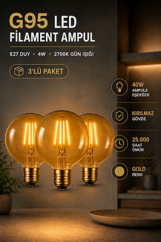 Rustik Led Kırılmaz Ampul G95 Glop E27 4w 2700k Sıcak Işık Gold Filament Dekoratif Dimmerli 3'lü