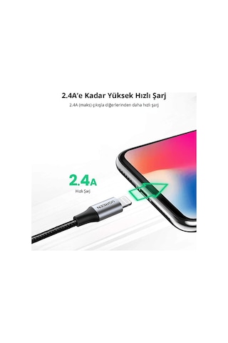 Ugreen Lightning To Usb-a Örgülü Mfi Sertifikalı Hızlı Şarj Kablosu 2 M Siyah