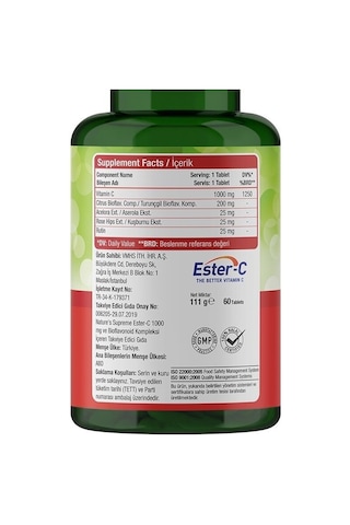 Natures Supreme Ester-C 1000 Mg C Vitamini 60 Tablet Aromasiz