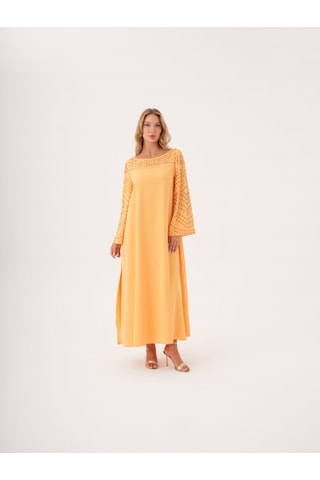 Taş İşlemeli Geniş Kol Detaylı Salaş Abiye Elbise Somon