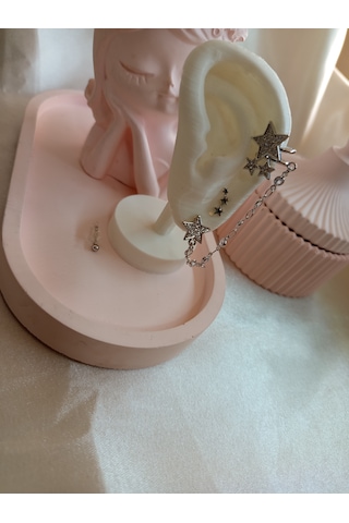 Gümüş Renkli Yıldızlı Kıkırdak Küpe Set