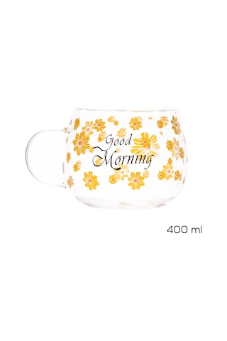 Porsima 2089 2li Borosilikat Isıya Ateşe Dayanıklı Cam Kulplu Çay Bardağı Kahve Bardak Kupa Sarı 400 Ml Şeffaf