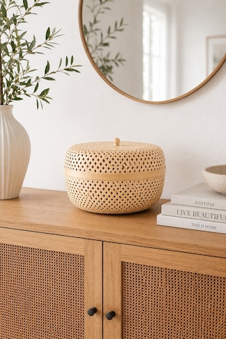 Bohem Dekoratif Kapaklı Bambu Kutu, Sepet, Iskandinav, Modern, Bohem, Rattan Bej