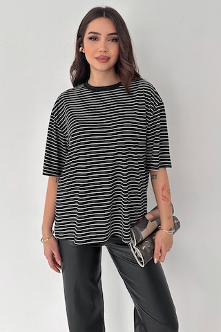 Noa & Noa Kadın Oversize Çizgili Tişört Monochrome Ease Siyah