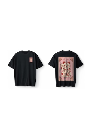 Bumeta Maneki Neko Şans Kedisi Baskılı Japon Tarzı Lucky Cat Graphic Streetwear Oversize Unisex Tişört T-shirt Siyah