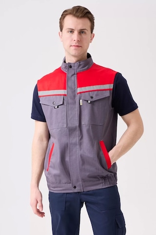 İş Yeleği Gabardin Kumas Yazlık Grikırmızı Reflektörlü Royal Hafif Nefes Alabilir Çok Cepli Gri-kırmızı