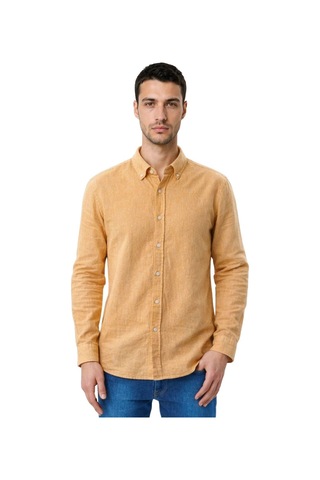 Arma Ar-ma Erkek Keten Gömlek Baskisiz Basic Düğme Kapamali Cepsiz Uzun Kollu Gömlek Dokuma Kumaş Regular Fit %60 Pamuk %40 Keten Y31485118102 Turuncu-t1