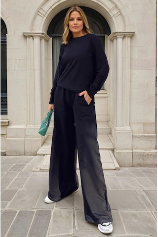 Kadın Uzun Kollu Sweatshirt , Bol Paça Beli Lastikli Cepli Pantolon - Alt & Üst Takım 3485500 Siyah