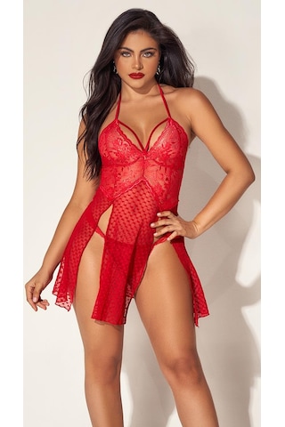 Arias Closet Kırmızı Dantelli Boyundan Askılı Göğüs Detay Gecelik Takımı Kırmızı