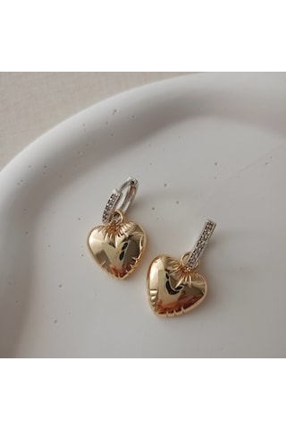 Lente Aksesuar Mix Renk Taşlı Kilitli Kalp Küpe - Gold Gümüş Kaplama Çizgili Kalp Küpe Çok Renkli