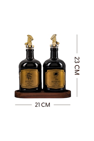 Moss 2'li Ahşap Standlı Damlatmaz Zeytinyağı Sıvıyağ Şişesi Cam Yağdanlık Seti 500 Ml Siyah Siyah