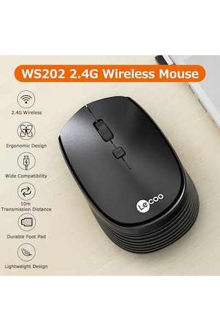 Lenovo Lecoo Ws202 2.4ghz Kablosuz Fare Ergonomik Hafif Ofis Faresi 3 Ayarlanabilir Dpı Geniş Uyumluluk Siyah Ws202