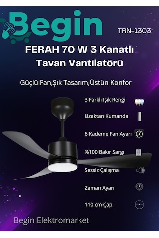 Ferah 70 W 3 Kanatlı Led Işıklı Tavan Vantilatör Uzaktan Kumandalı Siyah