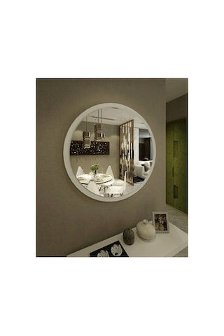 Usta Mekan Beyaz Ahşap Dekoratif Yuvarlak Antre Hol Koridor Duvar Salon Mutfak Banyo Wc Ofis Aynası 42 Cm