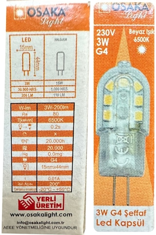 1 Adet Osaka 3w Beyaz Işık 6500k G4 Duylu İğne Bacak Led Kapsül Ampul