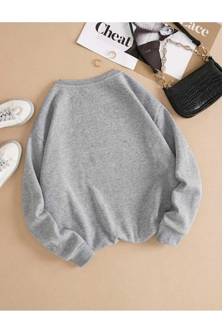 Baskısız Düz Sweatshirt - Gri Kalın Kışlık Şardonlu Uzun Kol Oversize Bisiklet Yaka Gri