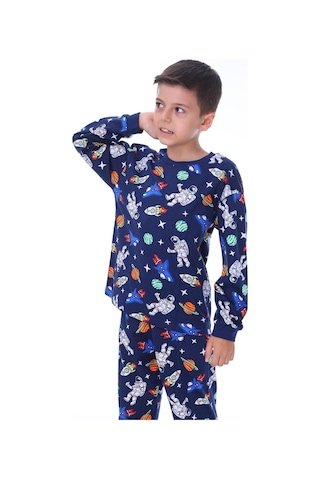 Bunny Hopp Uzay Temalı Erkek Çocuk Pijama Takımı %100 Pamuk Mevsimlik Bisiklet Yaka Manşetli Petrol Mavisi