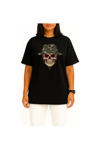 Bahriyeli Collection Oversize Kuru Kafa Asker Ve Kamuflaj Şapka Göğüs Tasarımlı Unisex T-shirt Siyah