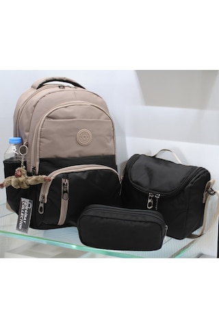 İlk Okul Çantası 3'lü Seti Unisex Çocuk İlkokul Çantası Gry-8010 Vizon-siyah Kahverengi