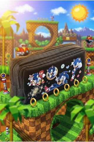 Sonic Tarzı Çift Bölmeli Siyah Kalemlik Geniş Hacimli Çift Fermuarlı Erkek Çocuk Okul Kalem Çantası Siyah