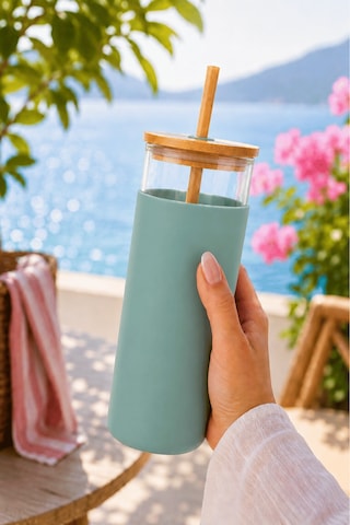 Bambu Pipetli Cam Bardak 550 Ml Silikon Kılıflı Kahve Bubble Tea Ve Su Şişesi - Yeşil