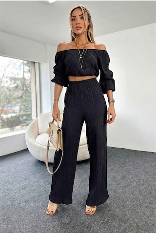Fashion Cocktail Düşük Omuz Yazlık Lastikli Bohem Sahil Pantolon Krop Göbek Açık Kadın Takım Siyah