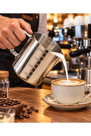 Premium Paslanmaz Çelik Ölçü Ve Karıştırma Kabı 900 Ml Sütlük, Süt Potu, Barista Ölçü Kabı Çok Renkli