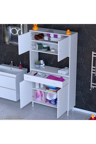 Modilayn Arda Banyo Dolabı 100x173x32,5cm 1 Çekmece 4 Kapak Ve 5 Raflı İhtiyaca Uygun Kolay Kurulum Beyaz