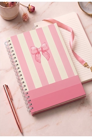 Kurdele Desenli Pembe Sert Kapak Spiralli Çizgili Defter 17x24cm 120 Yaprak 1 Adet Not Defteri Okul Büro Ofis Defteri