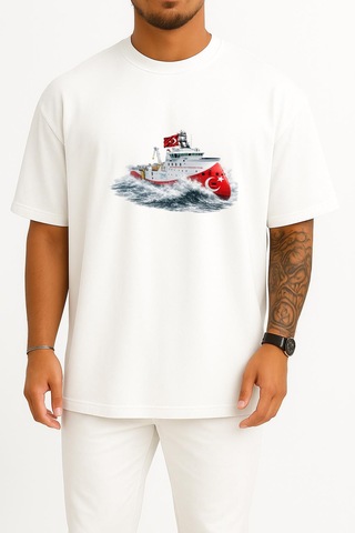 Bahriyeli Collection Oversize Rv Barbaros Hayreddin Paşa Dalgalar Arası Göğüs Ve Sırt Baskılı Unisex T-shirt Beyaz