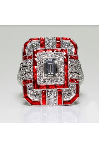 Luxury Square Women Crystal Zircon Engagement Ring, Ring Size:9 Red Çok Renkli