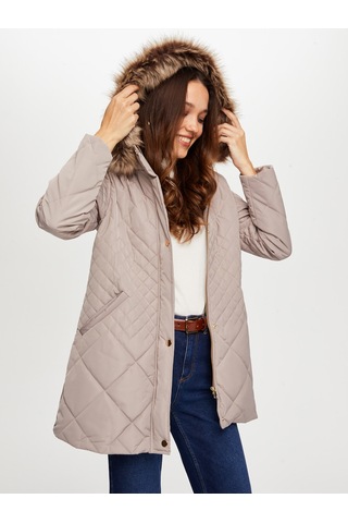 Faik Sönmez Oversize Kapüşonlu Midi Kaban - Kışlık Bej