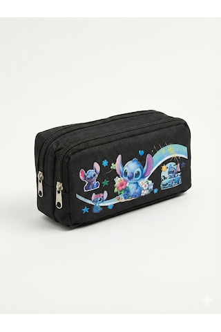 Stitch Baskılı Çift Bölmeli Siyah Okul Kalemliği Siyah